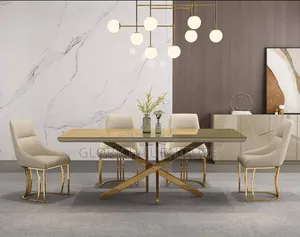 6-Seater Stone-Top Dining Set –Gold Starburst Base Curved Cantilever
