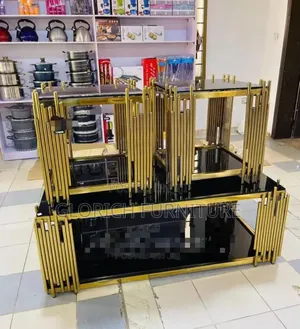 Black Glass Coffee Table TV Stand Set – Gold Pipe Rod Art Deco Frame