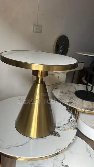 White Marble-Top Side Table – Brushed Gold Cone Pedestal Base