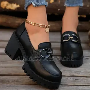 Women's Black Chunky Platform Loafers With Metal Buckle
