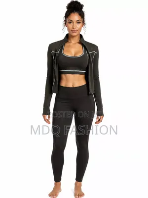 Premium 3-Piece Women's Gym Set With Zipper Jacket - Dark Gray