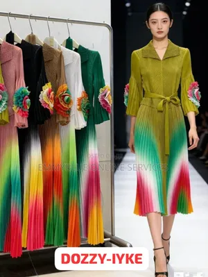 A Custom-Designed Miyake-Style Pleated Ombre Maxi Gowns.