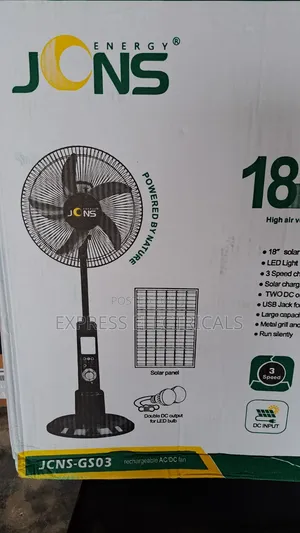 JONS 18" Solar Rechargeable Standing Fan | AC/DC | USB | 2 LED Bulbs