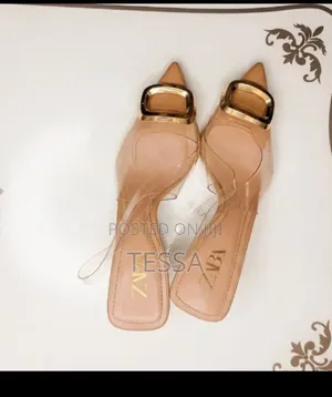 Chic Nude Transparent Heels – Gently Worn, Elegant Gold Detail