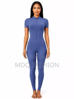 Slate Blue Short-Sleeve Front-Zip Jumpsuit
