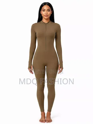 Brown Long-Sleeve Front-Zip Jumpsuit