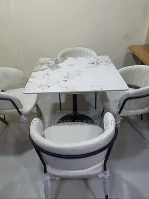 Imported Restaurant Marble Top Dining Table Set With Black Metal Leg