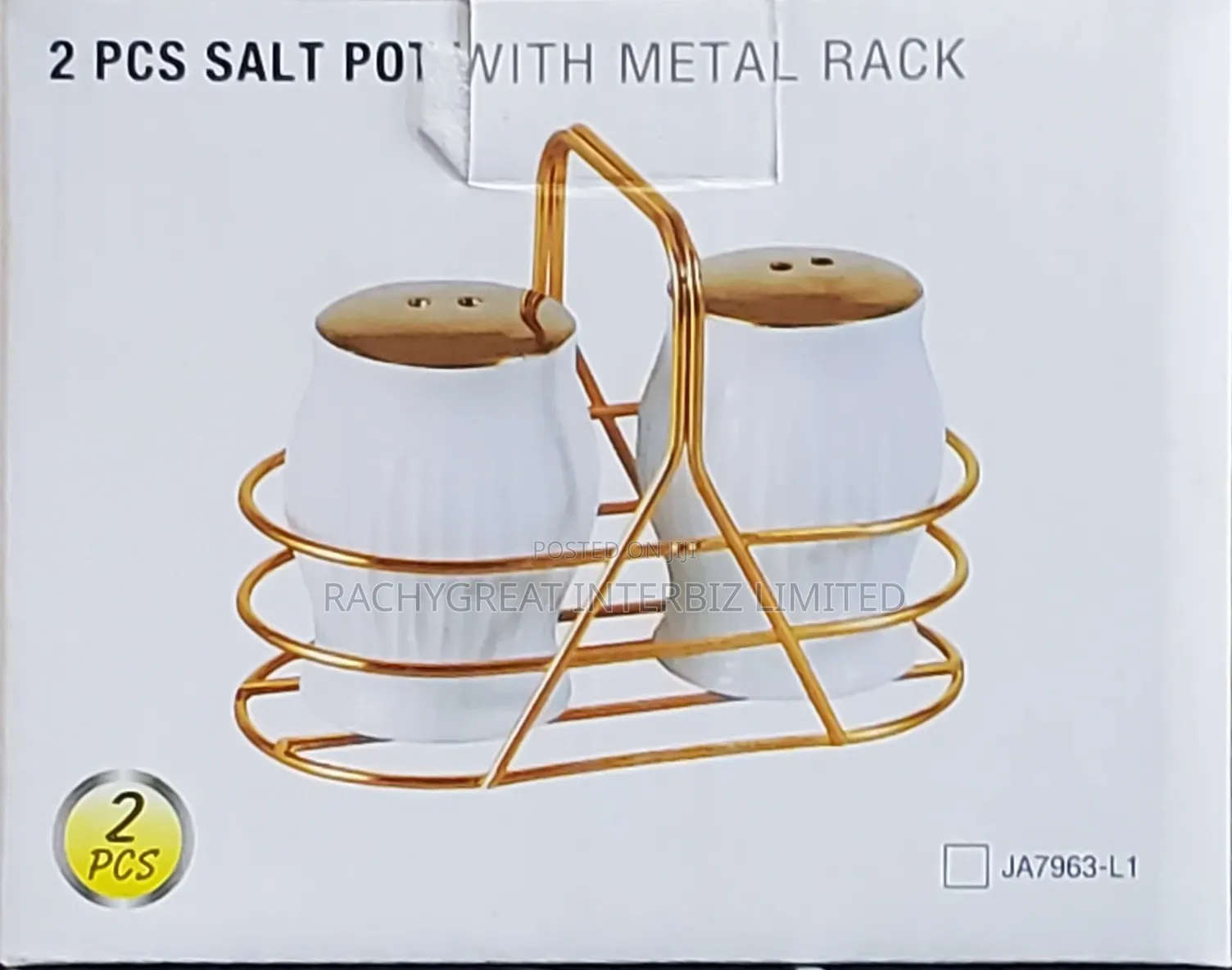 2PCS Ceramic Salt Pepper Pot Set With Gold Metal Rack