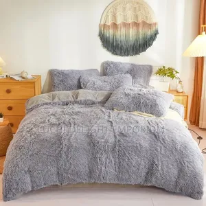 Gray Fluffy Fur Duvet, Bedsheets 4 Pillowcase Set + 2 Throw Pillowsl