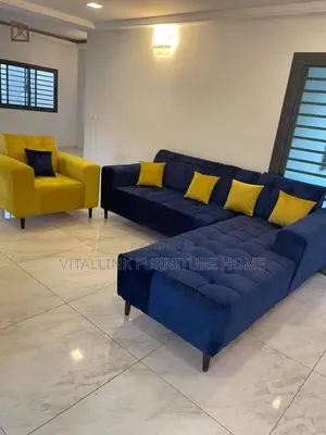 Navy Blue Velvet L-Shape Sofa With Chaise Yellow Accent Chair