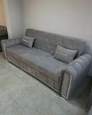 Luxury Grey Velvet Diamond Tufted Sofa With Silver Trim