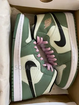 Jordan 1 Mid Olive Green Pink Laces