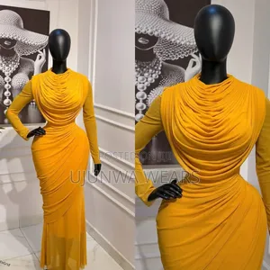 Mustard Draped Cowl-Neck Maxi Dress