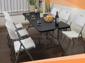 Outdoor Foldable Black Table 6 White Chairs