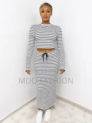 Black White Striped Long-Sleeve Crop Maxi Skirt Set