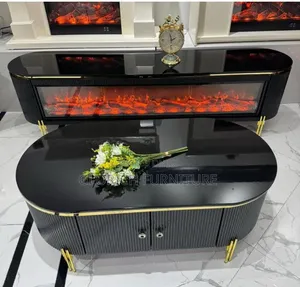 Black Gloss Oval TV Stand Electric Fireplace Console