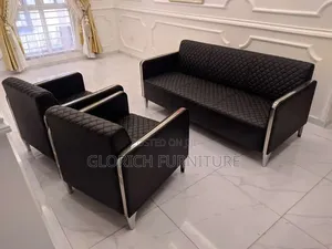 Black Quilted Leatherette Sofa Set – Chrome Arm Frame, 3+1+1