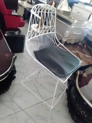 Wire Frame Bar Stool – White Metal Lattice Back Black Cushioned Seat
