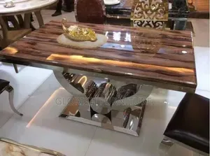 Tiger Wood Stone Dining Table – High-Gloss Top Mirror Chrome