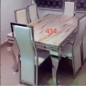 6-Seater Onyx Marble Dining Set – Chrome Curved Legs White Panel