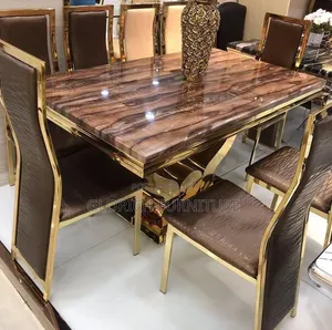 8-Seater Tiger Wood Stone Dining Set – Gold Cross Base Croc-Textured