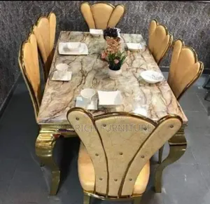 6-Seater Marble Dining Set – Gold Tulip Fan-Back Chairs Cabriole