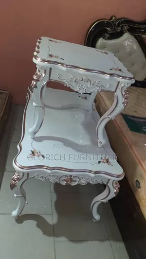 French Rococo 2-Tier Side Table – White Rose Gold Carved Wood