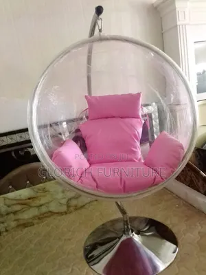 Clear Acrylic Bubble Chair – Chrome Pedestal Stand Pink Cushion Set