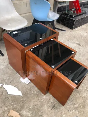 3-Piece Walnut Wood Nesting Table Set – Black Tempered Glass Tops