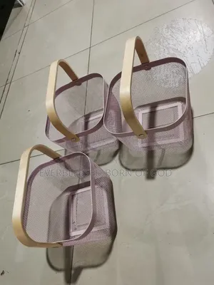 Aesthetic Pink Mesh Storage Basket With Wooden Handle_ Brand New!