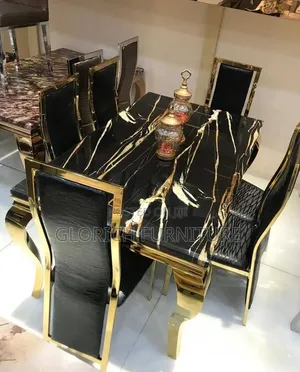 Luxury Marble Dining Table Set – 8 Seater, Gold Stainless Steel Frame