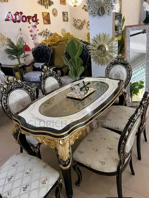 Royal Classic Dining Table Set – 6 Seater, Black Gold Carved Finish