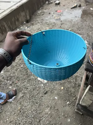 Blue Faux-Rattan Plastic Hanging Planter