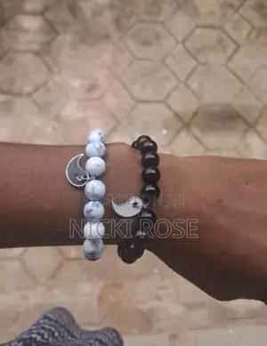 Yin and Yang Bracelet Set Made With Plain Black Beads and Moonstone.