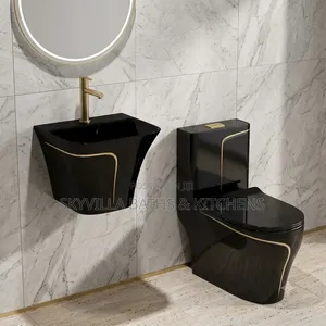 Modern Black Gold Bathroom Set – Floating Sink Dual-Flush Toilet