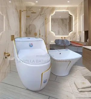 Ultra-Modern White Gold Ceramic Toilet + Matching Basin Set