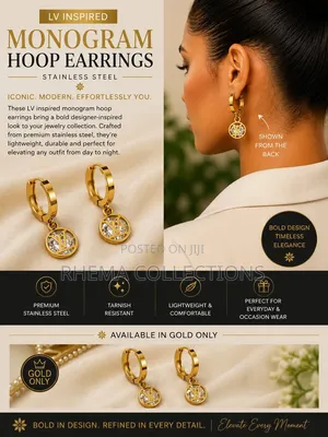 Lv Inspired Monogram Crystal Charm Stainless Steel Hoop Earrings