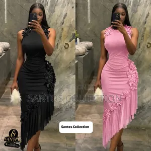 Elegant Bodycon Dress With 3D Flowers and Fringe