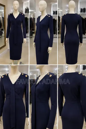 Navy Blue Tie-Neck Bodycon Dress With Gold Button Detail