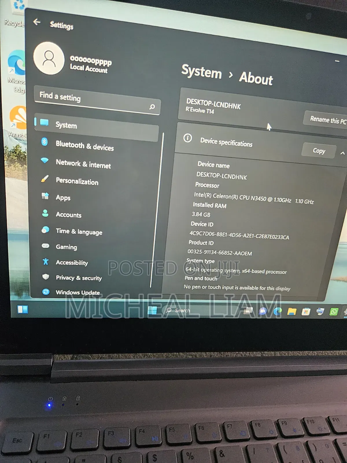 Laptop 4GB Intel SSD 128GB
