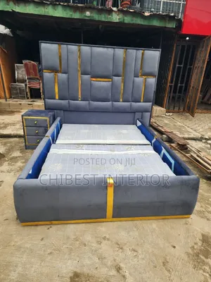 Grey Padded Queen Size Bed With Side Drawer