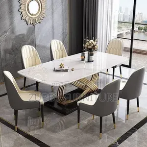 Quality and Imported Luxury Ring Leg Marble Top Dining Table by 6 Chai