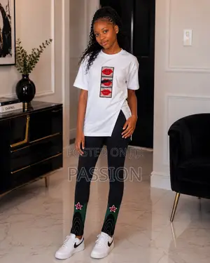 Stylish Girls’ White Graphic Top and Black Trouser Set