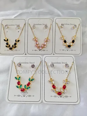 Stainless Steel Floral Crystal Earring and Necklace Set