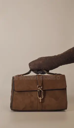 H M Suede Flap-Top Handle Handbag With Gold Link Hardware