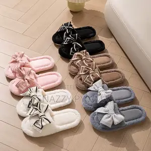 Soft Plush Bow Indoor Slippers - Women’s Furry House Slides