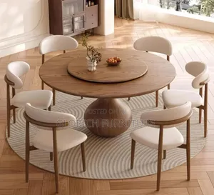 Round Wooden Dining Table Set With Lazy Susan – 6 Cream Chairs