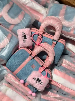 Cute Denim Pink Mini Handbag With Plush Charm