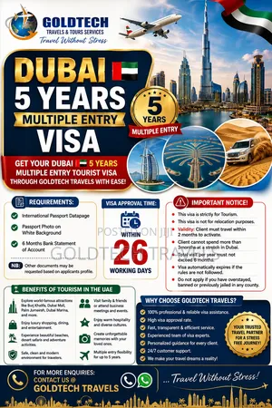 Dubai 5 Years Multiple Entry Tourist Visa Available for Male Female