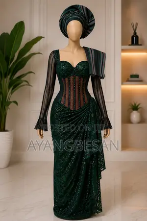 One Time Used Green Traditional Attire-Corset Blouse and Wrapper